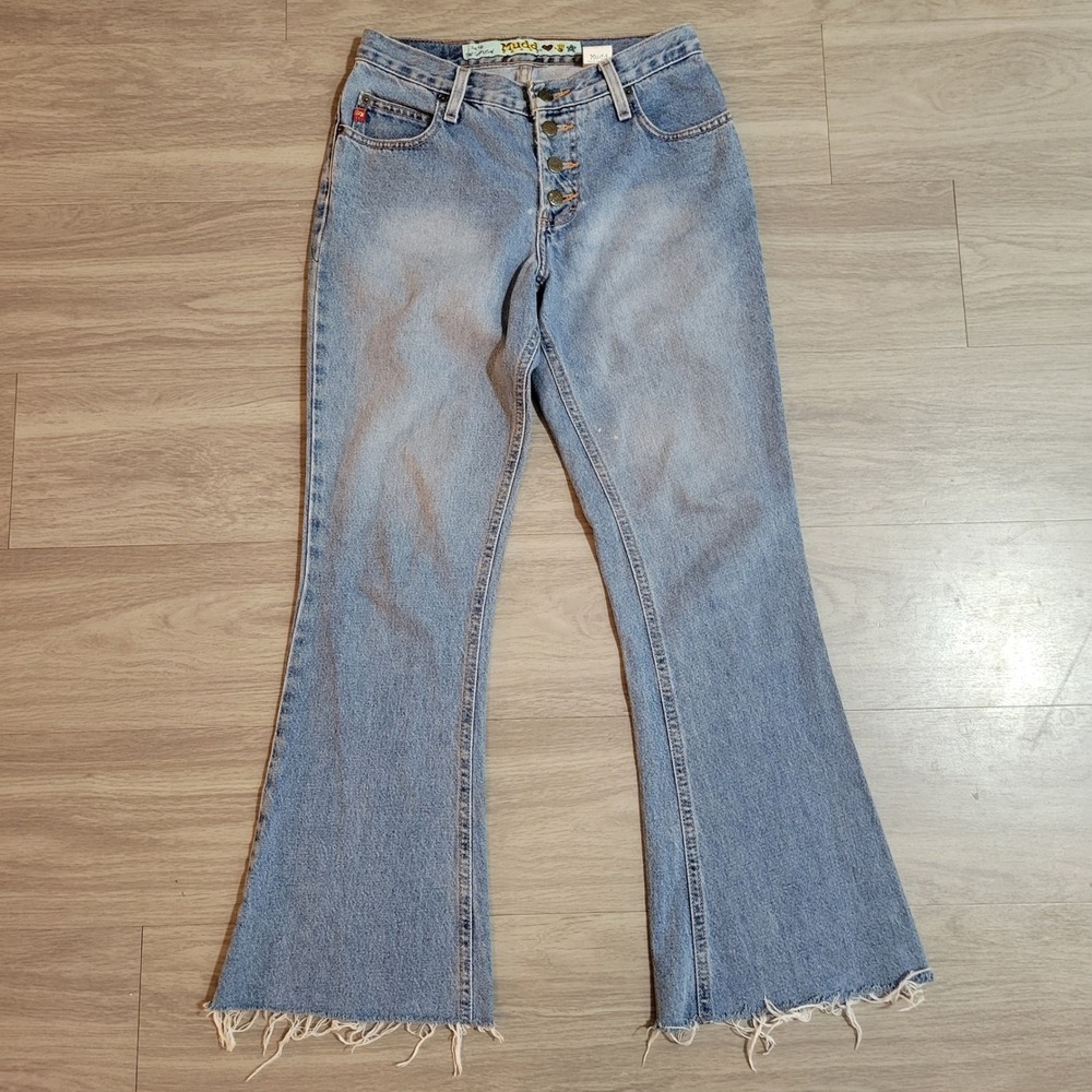 VTG Mudd Flare Jeans Light Wash Button Fly Frayed Hem Size 5(28X29) Y2K Denim
